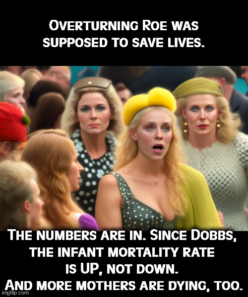 Our "pro-life" Supreme Court is killing babies. | Overturning Roe was supposed to save lives. The numbers are in. Since Dobbs, 
the infant mortality rate 
is UP, not down. 
And more mothers are dying, too. | image tagged in abortion,abortion is murder,supreme court,murder,women,babies | made w/ Imgflip meme maker