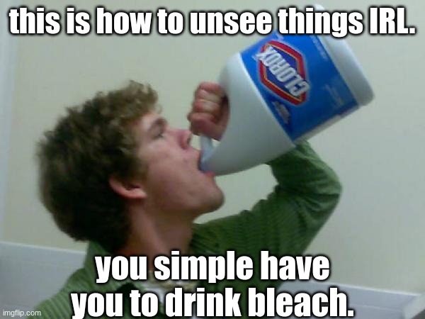 drink bleach | this is how to unsee things IRL. you simple have you to drink bleach. | image tagged in drink bleach | made w/ Imgflip meme maker