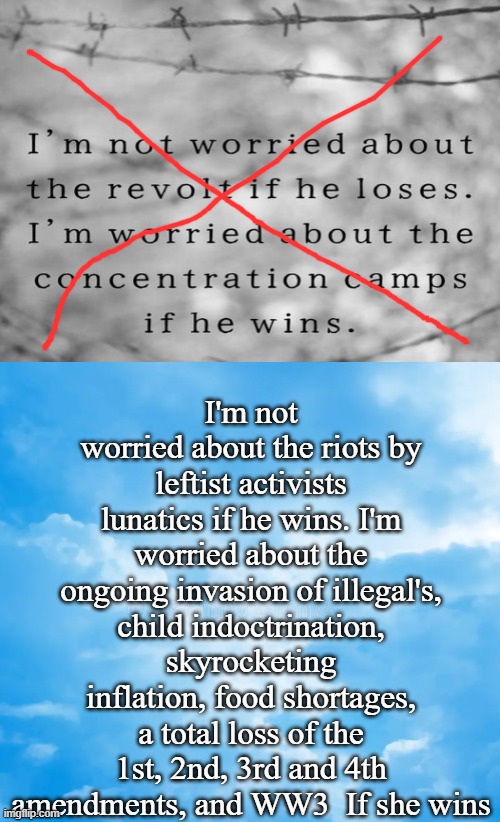 correcting a retarded meme put out by the deomcrats | I'm not worried about the riots by leftist activists lunatics if he wins. I'm worried about the ongoing invasion of illegal's, child indoctrination, skyrocketing inflation, food shortages, a total loss of the 1st, 2nd, 3rd and 4th amendments, and WW3  If she wins | image tagged in concentration camps,trump,kamala,riots,inflation,election | made w/ Imgflip meme maker