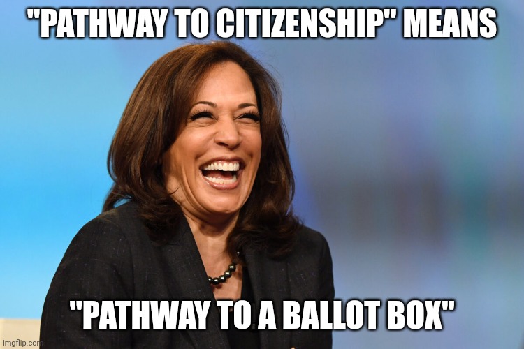 They want to kill the concept of countries. All of these WEF puppets want to take away nationality. | "PATHWAY TO CITIZENSHIP" MEANS; "PATHWAY TO A BALLOT BOX" | image tagged in kamala harris laughing | made w/ Imgflip meme maker