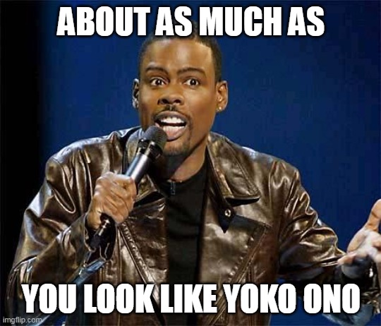 Chris Rock | ABOUT AS MUCH AS; YOU LOOK LIKE YOKO ONO | image tagged in chris rock,everybody hates chris,yoko ono | made w/ Imgflip meme maker