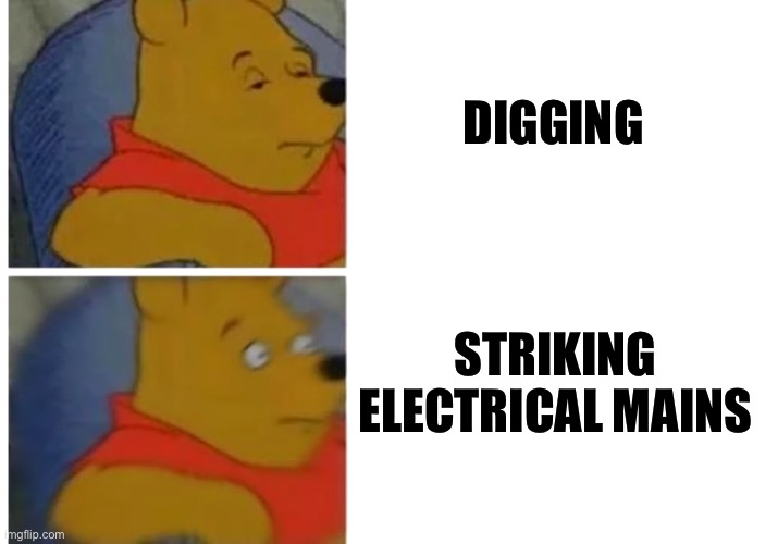 Shocked pooh | DIGGING; STRIKING ELECTRICAL MAINS | image tagged in shocked pooh | made w/ Imgflip meme maker