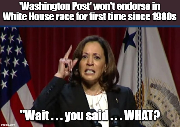 Kamala Angry Jeff Bezos won't endorse her | 'Washington Post' won't endorse in White House race for first time since 1980s; "Wait . . . you said . . . WHAT? | image tagged in kamala angry,wapo | made w/ Imgflip meme maker