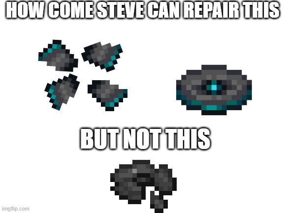 Logic | HOW COME STEVE CAN REPAIR THIS; BUT NOT THIS | image tagged in blank white template | made w/ Imgflip meme maker