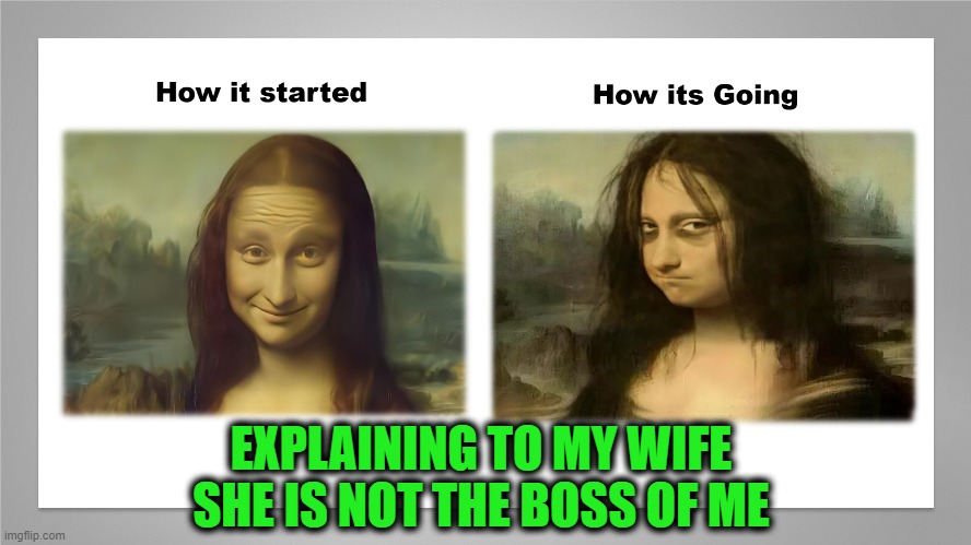 Happy Wife Happy Life | EXPLAINING TO MY WIFE SHE IS NOT THE BOSS OF ME | image tagged in mona 2,scumbag boss,not the boss of me,nagging wife,wifey | made w/ Imgflip meme maker