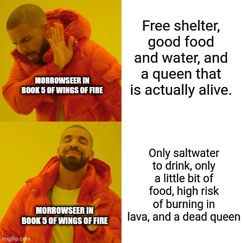 Drake Hotline Bling Meme | Free shelter, good food and water, and a queen that is actually alive. MORROWSEER IN BOOK 5 OF WINGS OF FIRE; Only saltwater to drink, only a little bit of food, high risk of burning in lava, and a dead queen; MORROWSEER IN BOOK 5 OF WINGS OF FIRE | image tagged in memes,drake hotline bling | made w/ Imgflip meme maker