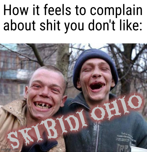 the real skibidi ohio is in your heart | How it feels to complain about shit you don't like: | image tagged in skibidi ohio | made w/ Imgflip meme maker