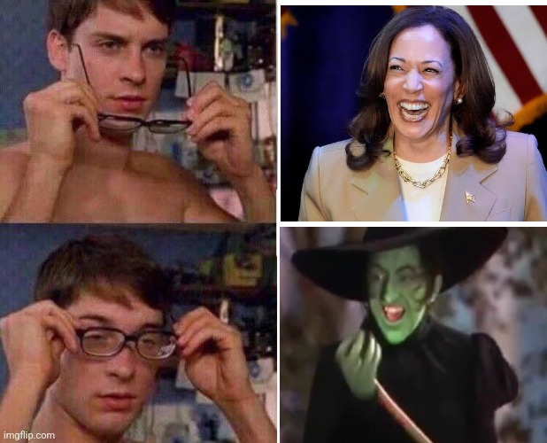 Kamala cackles so much, I have no doubt she is a witch | image tagged in spiderman glasses,kamala harris,democrats,evil,corrupt,witch | made w/ Imgflip meme maker