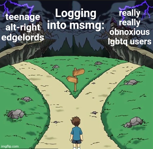 the userbase changes like every 6 hours | Logging into msmg:; teenage alt-right edgelords; really really obnoxious lgbtq users | image tagged in choose a path but both dark | made w/ Imgflip meme maker