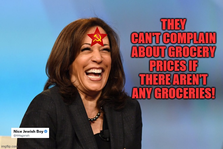 Harris Economic Plan | THEY CAN'T COMPLAIN ABOUT GROCERY PRICES IF THERE AREN'T ANY GROCERIES! | image tagged in kamala harris laughing,socialist,marxist | made w/ Imgflip meme maker