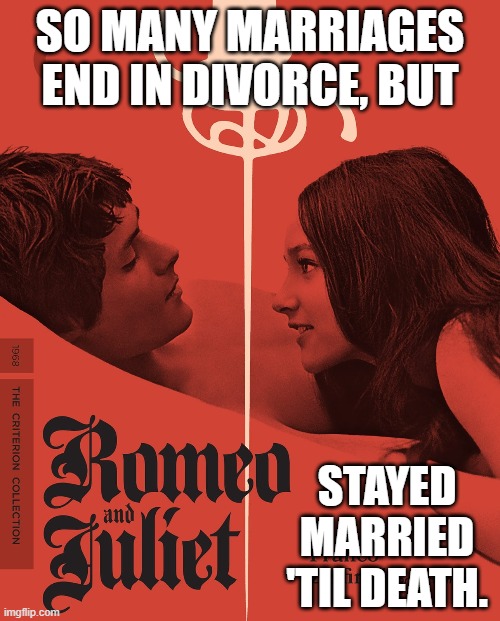 Some marriages can last a lifetime | SO MANY MARRIAGES END IN DIVORCE, BUT; STAYED MARRIED 'TIL DEATH. | image tagged in romeo and juliet,olivia hussey,leonard whiting,shakespeare,divorce,marriage | made w/ Imgflip meme maker