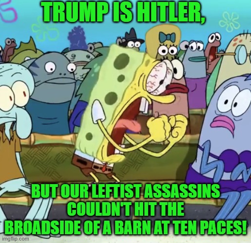 What the Political Left would say if they could get away with it. | TRUMP IS HITLER, BUT OUR LEFTIST ASSASSINS COULDN'T HIT THE BROADSIDE OF A BARN AT TEN PACES! | image tagged in spongebob yelling | made w/ Imgflip meme maker