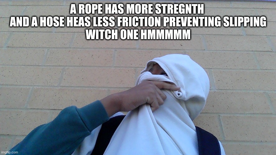 YCI ponder | A ROPE HAS MORE STREGNTH 
AND A HOSE HEAS LESS FRICTION PREVENTING SLIPPING
WITCH ONE HMMMMM | image tagged in yci ponder | made w/ Imgflip meme maker