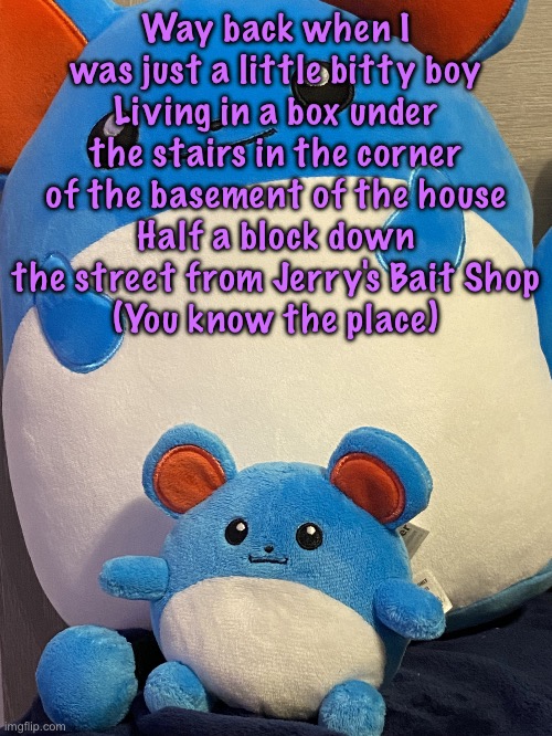 the dynamic Bhillip duo | Way back when I was just a little bitty boy
Living in a box under the stairs in the corner of the basement of the house
Half a block down the street from Jerry's Bait Shop
(You know the place) | image tagged in the dynamic bhillip duo | made w/ Imgflip meme maker