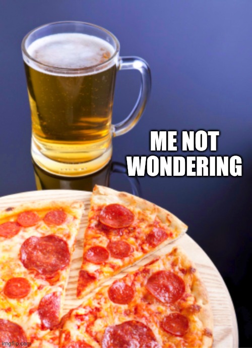 pizza and beer | ME NOT WONDERING | image tagged in pizza and beer | made w/ Imgflip meme maker