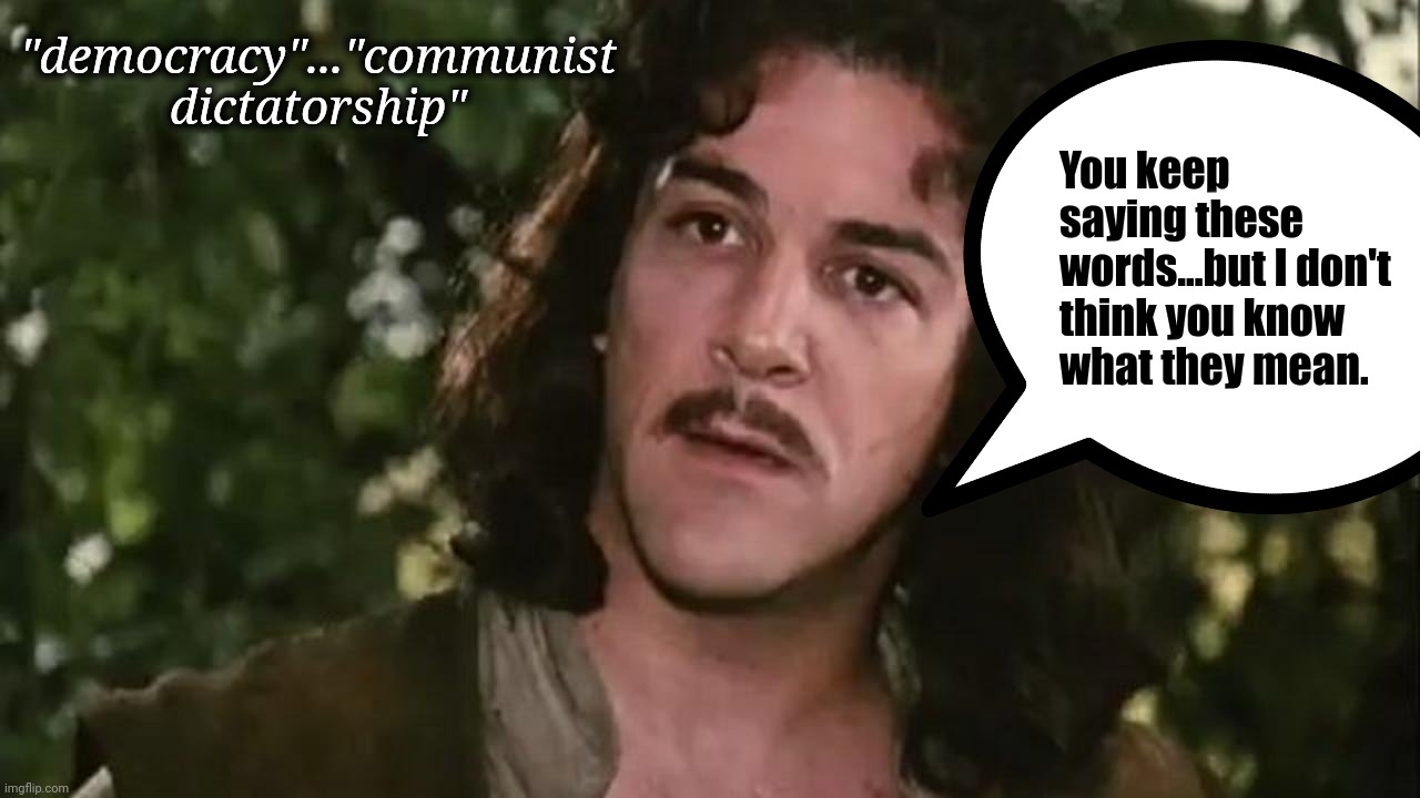 InegoMontoya | "democracy"..."communist dictatorship" You keep saying these words...but I don't think you know what they mean. | image tagged in inegomontoya | made w/ Imgflip meme maker