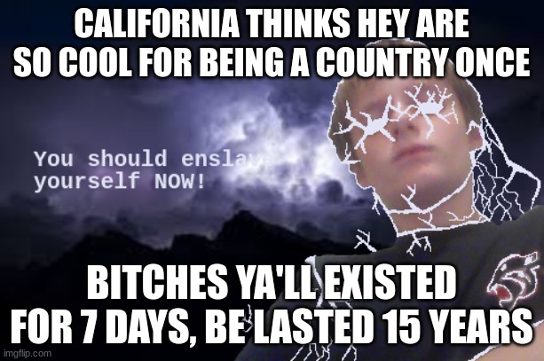 You should enslave yourself now! | CALIFORNIA THINKS HEY ARE SO COOL FOR BEING A COUNTRY ONCE; BITCHES YA'LL EXISTED FOR 7 DAYS, BE LASTED 15 YEARS | image tagged in you should enslave yourself now | made w/ Imgflip meme maker