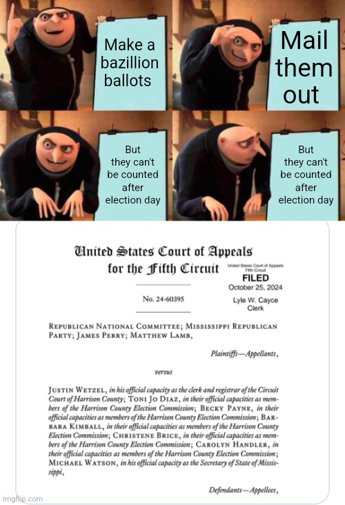 Make a bazillion ballots; Mail them out; But they can't be counted after election day; But they can't be counted after election day | image tagged in memes,gru's plan | made w/ Imgflip meme maker