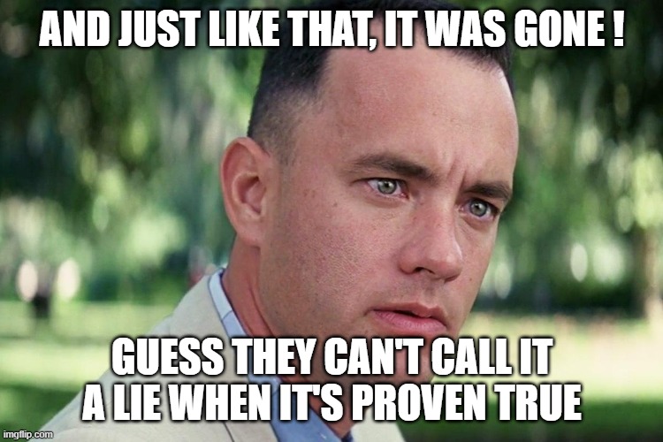 Forrest Gump - and just like that - HD | AND JUST LIKE THAT, IT WAS GONE ! GUESS THEY CAN'T CALL IT A LIE WHEN IT'S PROVEN TRUE | image tagged in forrest gump - and just like that - hd | made w/ Imgflip meme maker