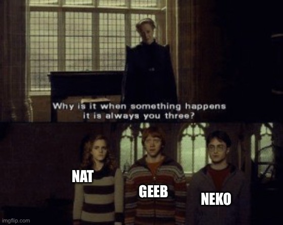 Why is it when something happens it is always you three? | NEKO GEEB NAT | image tagged in why is it when something happens it is always you three | made w/ Imgflip meme maker