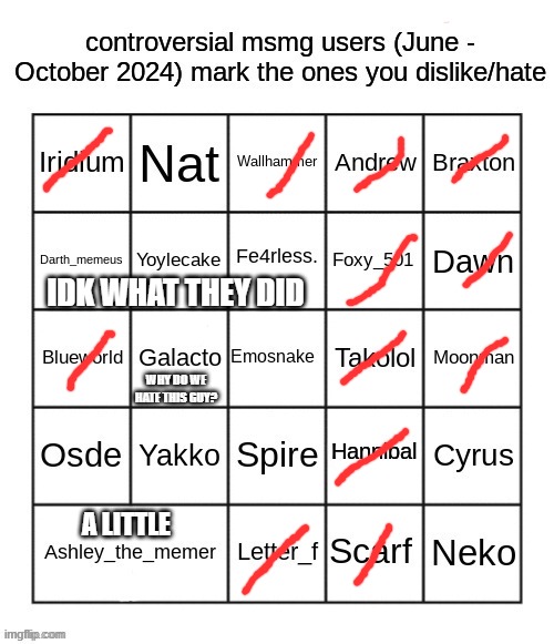 controversial msmg users (june - october 2024) by JPSpino | IDK WHAT THEY DID; WHY DO WE HATE THIS GUY? A LITTLE | image tagged in controversial msmg users june - october 2024 by jpspino | made w/ Imgflip meme maker