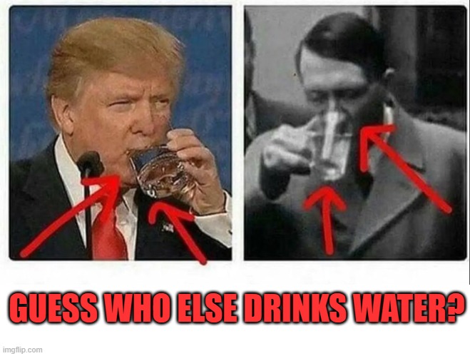 It proves he is fascist | GUESS WHO ELSE DRINKS WATER? | image tagged in hitler,adolf hitler,donald trump,trump,maga,make america great again | made w/ Imgflip meme maker