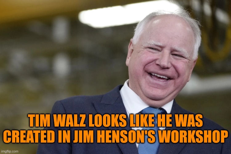 Timmaaayyy!!! | TIM WALZ LOOKS LIKE HE WAS CREATED IN JIM HENSON'S WORKSHOP | image tagged in tim walz laughing | made w/ Imgflip meme maker