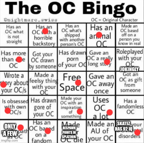 The OC bingo | JOKINGLY; SKATEZ HAS 92 IQ; ONLY A FEW; RESPAWN POINTS IN SPLATOON: | image tagged in the oc bingo | made w/ Imgflip meme maker