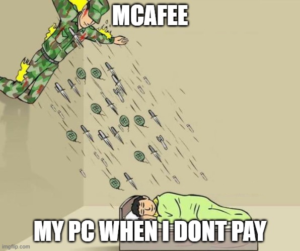 soldier attacking child | MCAFEE; MY PC WHEN I DONT PAY | image tagged in soldier attacking child | made w/ Imgflip meme maker