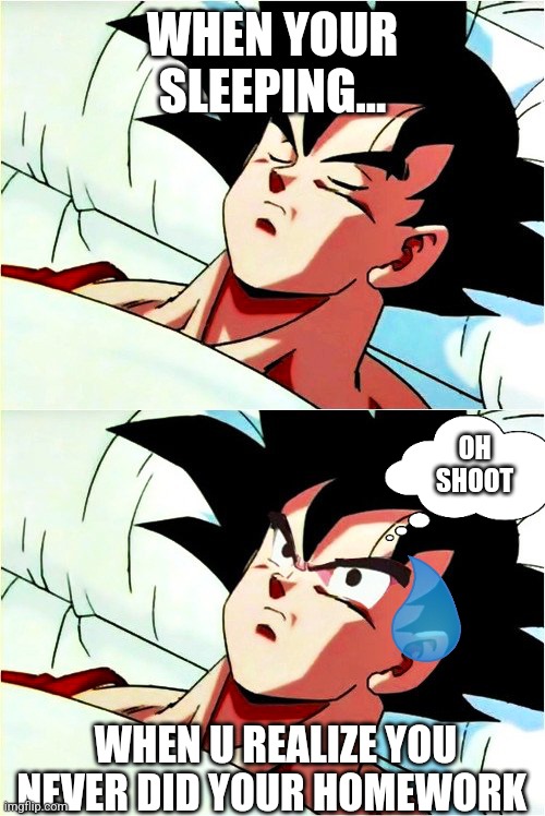 goku sleeping wake up | WHEN YOUR SLEEPING... OH SHOOT; WHEN U REALIZE YOU NEVER DID YOUR HOMEWORK | image tagged in goku sleeping wake up | made w/ Imgflip meme maker