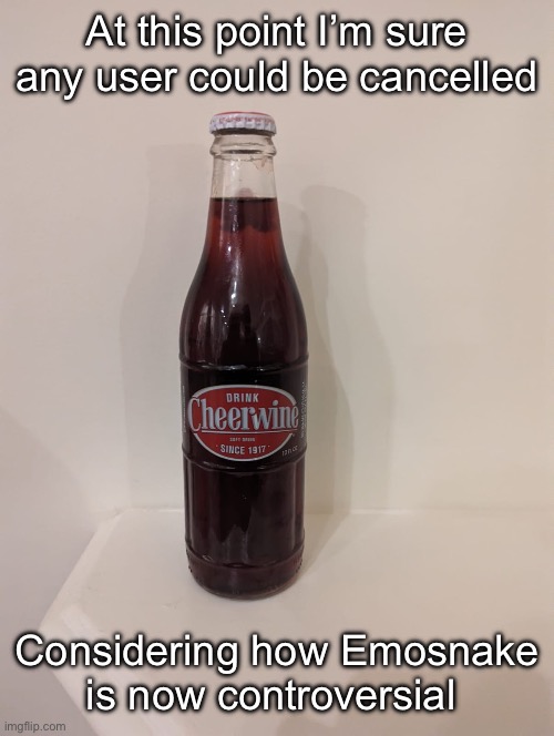 Cheerwine | At this point I’m sure any user could be cancelled; Considering how Emosnake is now controversial | image tagged in cheerwine | made w/ Imgflip meme maker