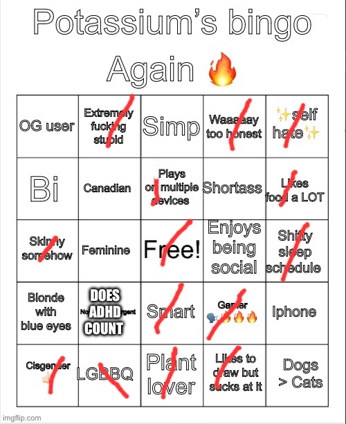 Potassium Bingo V4 | DOES ADHD COUNT | image tagged in potassium bingo v4 | made w/ Imgflip meme maker