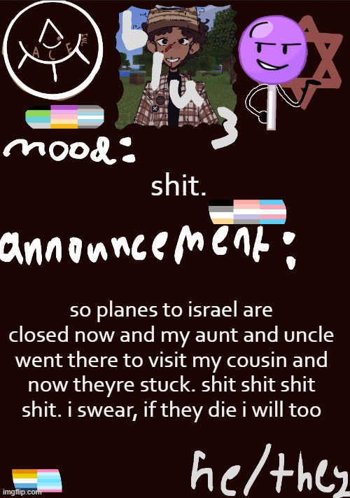 lowest point rn. and this isnt political, its a vent. | shit. so planes to israel are closed now and my aunt and uncle went there to visit my cousin and now theyre stuck. shit shit shit shit. i swear, if they die i will too | image tagged in blu3 s gnarly sick temp | made w/ Imgflip meme maker