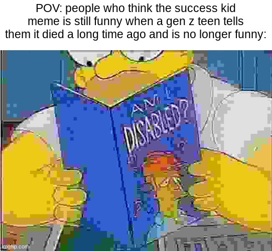 always the low quality ones | POV: people who think the success kid meme is still funny when a gen z teen tells them it died a long time ago and is no longer funny: | image tagged in am i disabled,always the low quality ones | made w/ Imgflip meme maker