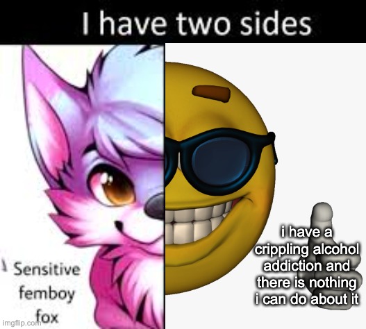 I have two sides | i have a crippling alcohol addiction and there is nothing i can do about it | image tagged in i have two sides | made w/ Imgflip meme maker