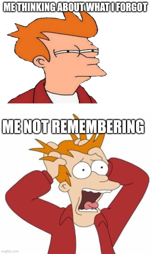 This happens to me all the time | ME THINKING ABOUT WHAT I FORGOT; ME NOT REMEMBERING | image tagged in fry freaking out | made w/ Imgflip meme maker