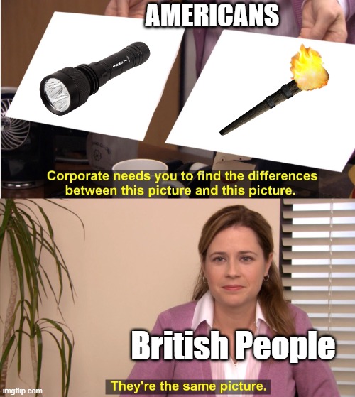 Torch | AMERICANS; British People | image tagged in they're the same picture,torch,flashlight,british,united states | made w/ Imgflip meme maker