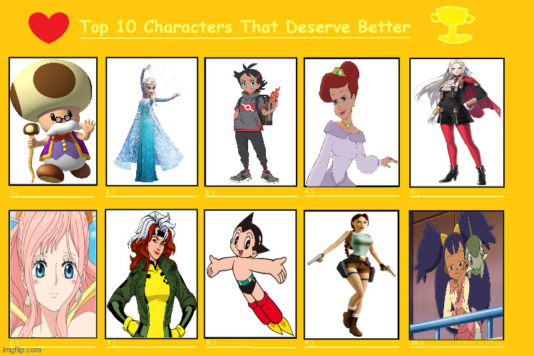 top 10 characters that deserve better | image tagged in top 10 characters that deserve better,top 10,media,videogames,comics/cartoons,getting respect giving respect | made w/ Imgflip meme maker