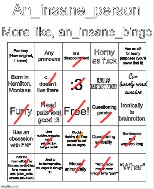Got a pseudo bingo. | image tagged in an_insane_bingo slight update | made w/ Imgflip meme maker
