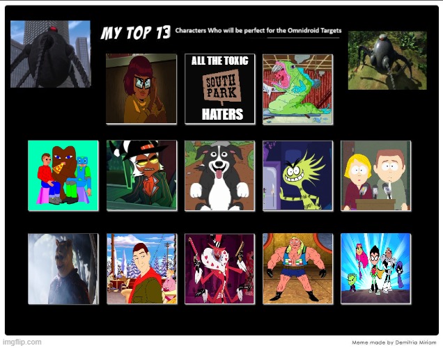 Top 13 Characters Who will be perfect for the Omnidroid Targets | ALL THE TOXIC; HATERS | image tagged in the incredibles,velma sucks,king star king sucks,mr pickles sucks,the problem solverz sucks,teen titans go | made w/ Imgflip meme maker