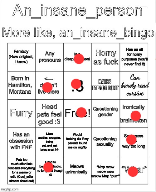 half of this is just weird | image tagged in an_insane_bingo slight update | made w/ Imgflip meme maker