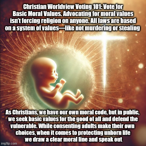 Basic Moral Values | Christian Worldview Voting 101: Vote for
Basic Moral Values. Advocating for moral values
isn’t forcing religion on anyone. All laws are based
on a system of values—like not murdering or stealing; As Christians, we have our own moral code, but in public, 
we seek basic values for the good of all and defend the
vulnerable. While consenting adults make their own 
choices, when it comes to protecting unborn life
 we draw a clear moral line and speak out | image tagged in christians christianity,voting,abortion,family values | made w/ Imgflip meme maker