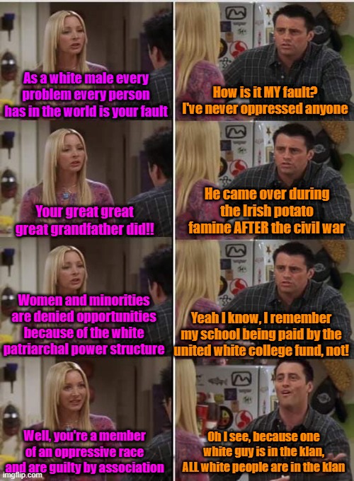 There's only a few prejudiced bigots LEFT in society | As a white male every problem every person has in the world is your fault; How is it MY fault? I've never oppressed anyone; He came over during the Irish potato famine AFTER the civil war; Your great great great grandfather did!! Women and minorities are denied opportunities because of the white patriarchal power structure; Yeah I know, I remember my school being paid by the united white college fund, not! Well, you're a member of an oppressive race and are guilty by association; Oh I see, because one white guy is in the klan, ALL white people are in the klan | image tagged in trump,maga,kamala harris,liberal hypocrisy,reverse racism | made w/ Imgflip meme maker