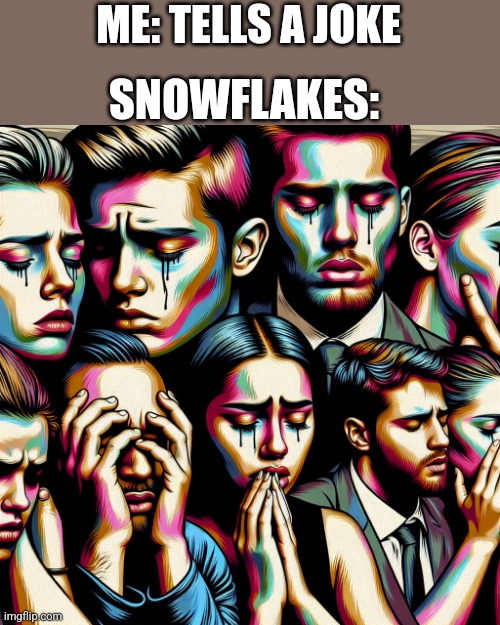 Group of people crying | ME: TELLS A JOKE; SNOWFLAKES: | image tagged in group of people crying | made w/ Imgflip meme maker