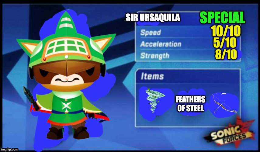 how many of these have i made now? | SPECIAL; SIR URSAQUILA; 10/10; 5/10; 8/10; FEATHERS OF STEEL | image tagged in updated sonic forces meme battle | made w/ Imgflip meme maker