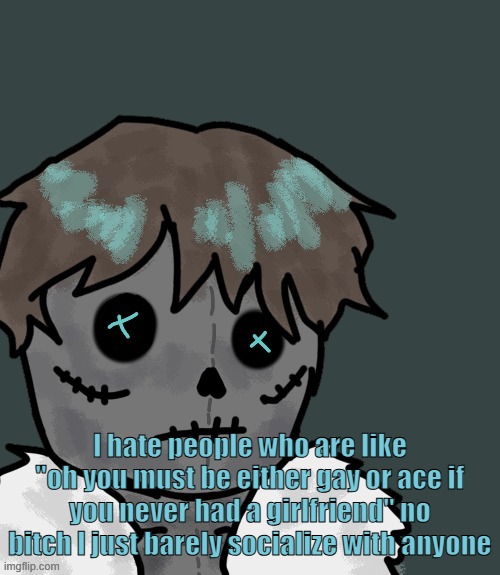 OsDe plush (thanks Disco) | I hate people who are like "oh you must be either gay or ace if you never had a girlfriend" no bitch I just barely socialize with anyone | image tagged in osde plush thanks disco | made w/ Imgflip meme maker