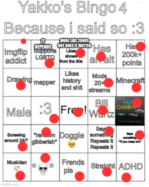 Yakko's bingo V4 | IT DEPENDS; MORE LIKE 2000S BUT DOES IT MATTER | image tagged in yakko's bingo v4 | made w/ Imgflip meme maker