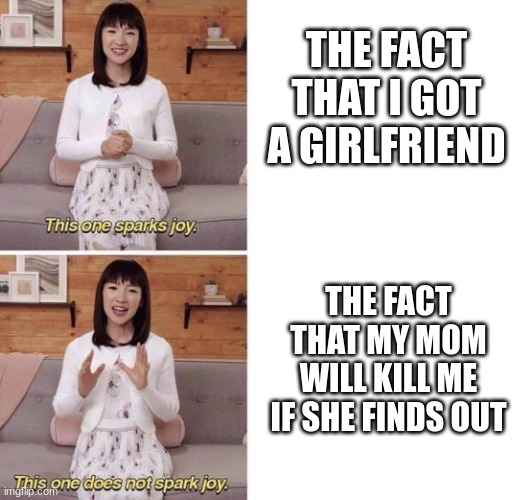 This one sparks joy | THE FACT THAT I GOT A GIRLFRIEND; THE FACT THAT MY MOM WILL KILL ME IF SHE FINDS OUT | image tagged in this one sparks joy,girlfriend,mom | made w/ Imgflip meme maker