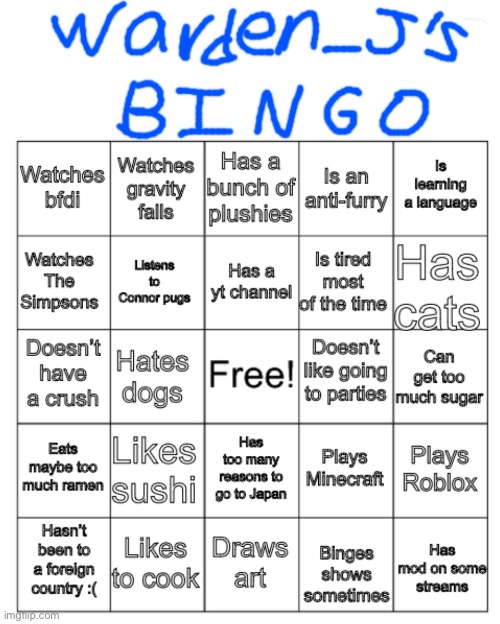 Warden_J‘s bingo | image tagged in warden_j s bingo | made w/ Imgflip meme maker