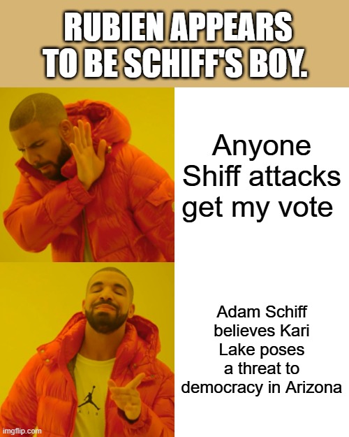 Drake Hotline Bling | RUBIEN APPEARS TO BE SCHIFF'S BOY. Anyone Shiff attacks get my vote; Adam Schiff believes Kari Lake poses a threat to democracy in Arizona | image tagged in memes,drake hotline bling | made w/ Imgflip meme maker